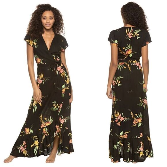 XIX PALMS Kaanapali Wrap Maxi Dress Black Size XS - Picture 3 of 12